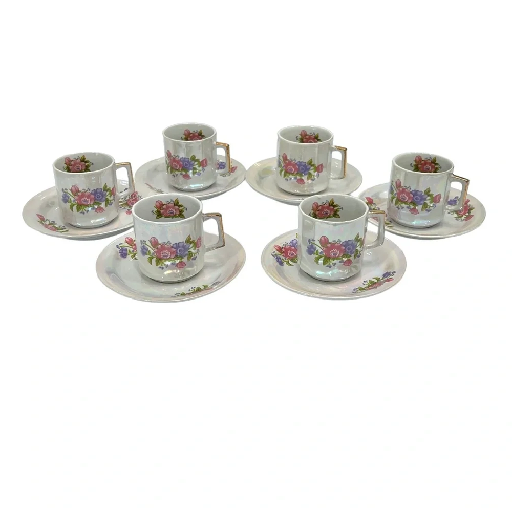 1970s WAHBEH OF CHINA LUSTERWARE PINK & PURPLE FLORAL CUPS & SAUCERS - SET OF 6